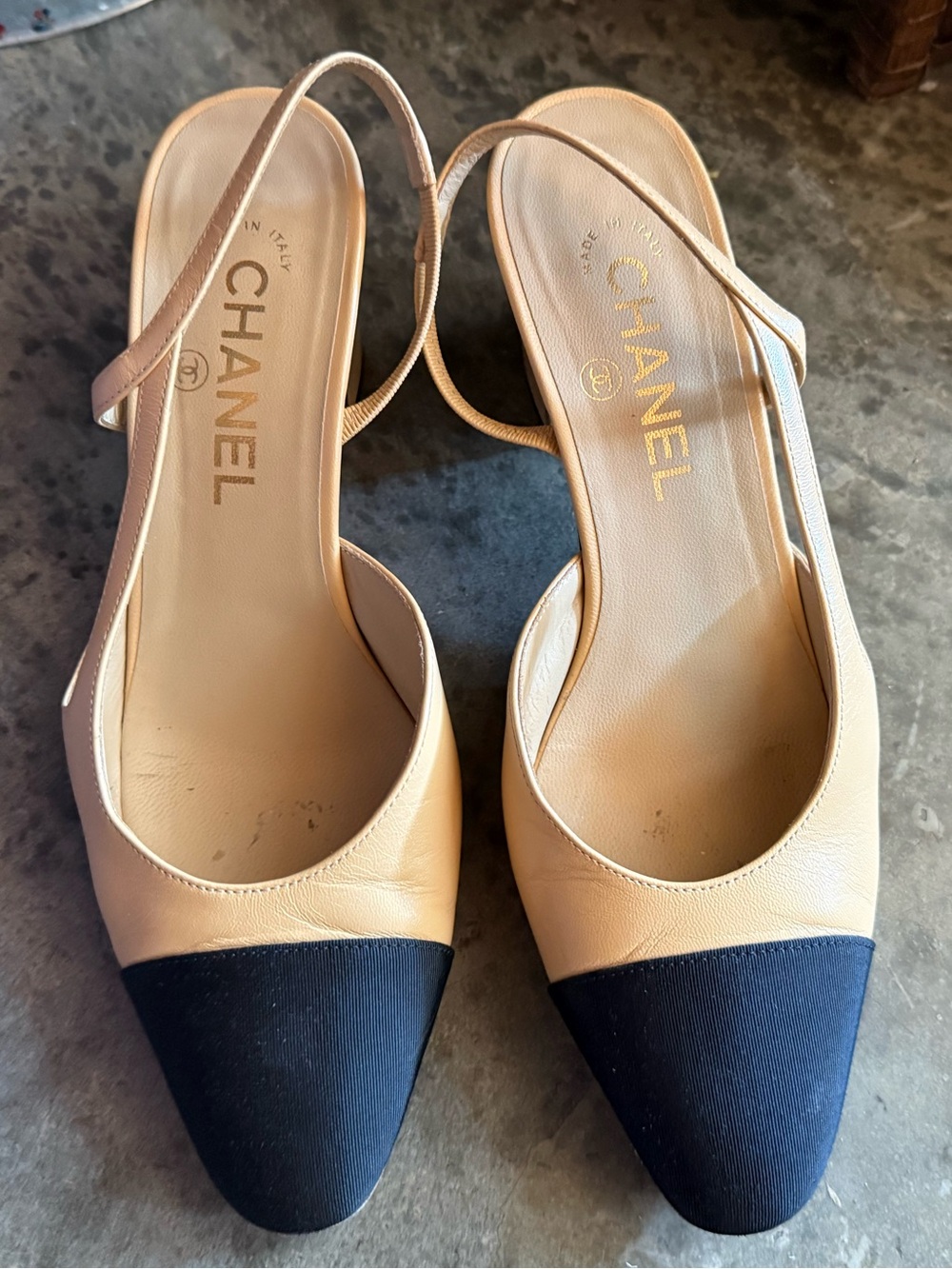 CHANEL Classic Beige and Black Two-Tone Slingback Mules
